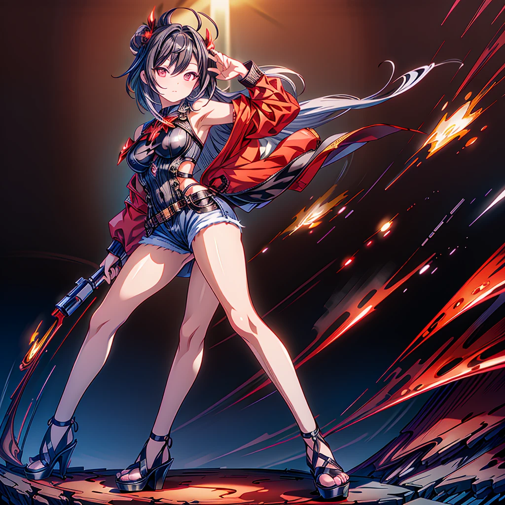 The best composition、Golden Ratio、(masterpiece, highest quality), (Super detailedな目), (Fine hair), Super detailed, Anime Style, whole body, Cyberpunk Egg Runner Girl,Scorched Red Cape、 ((black purple flame fist)), A crimson and jet black top knot hairstyle with red eyes, Wearing a rage cape and cyberpunk outfit. Standing on burnt ground, 8K High Resolution,  whole body, Overall view,He is pointing an  at the viewer.、