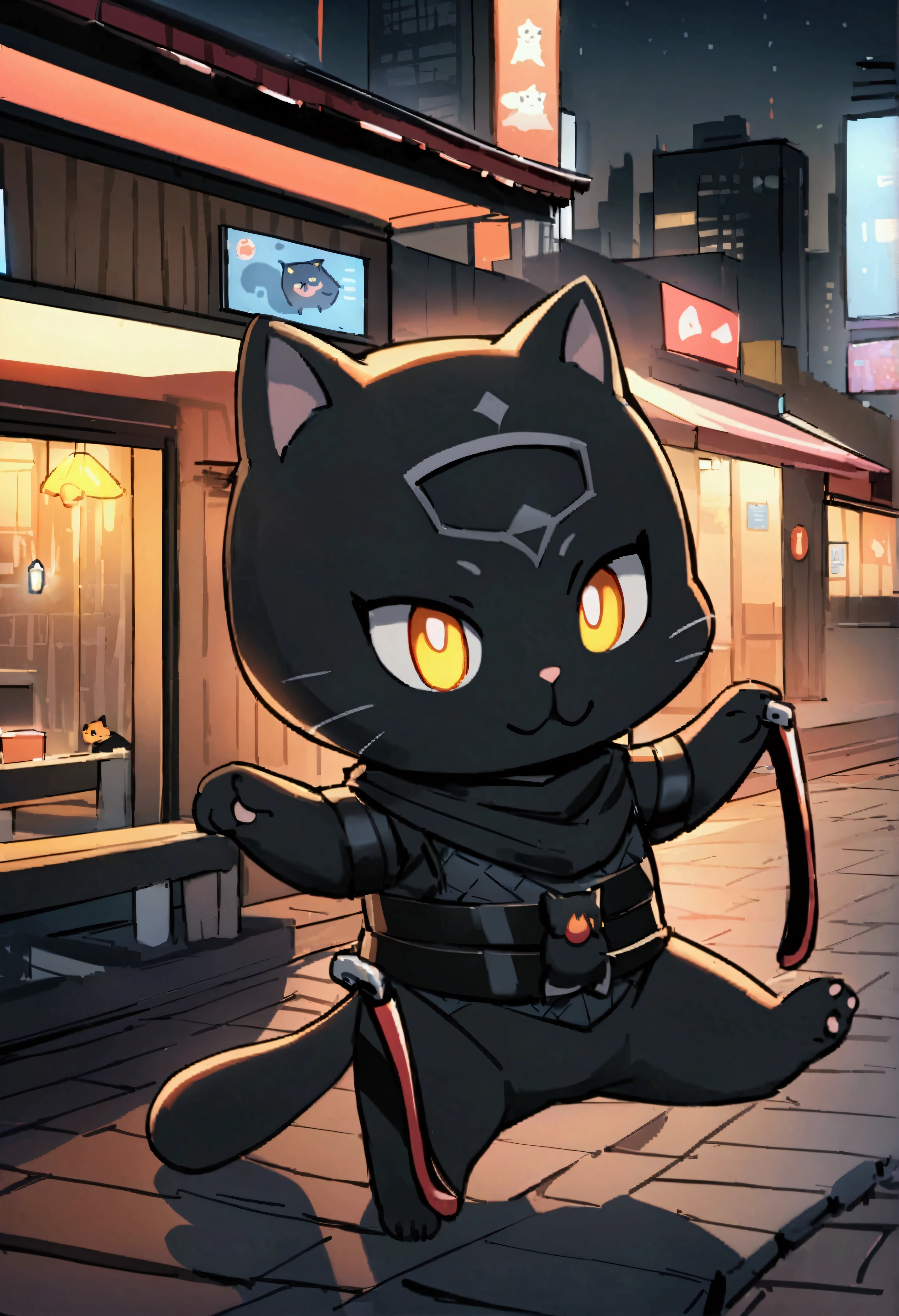A ninja cat wearing a black mask and small nunchucks、Sneak through the modern cityscape at night、Show off your acrobatic skills。creative、(masterpiece)、unique、Chibi Animals、Detail Maximizer