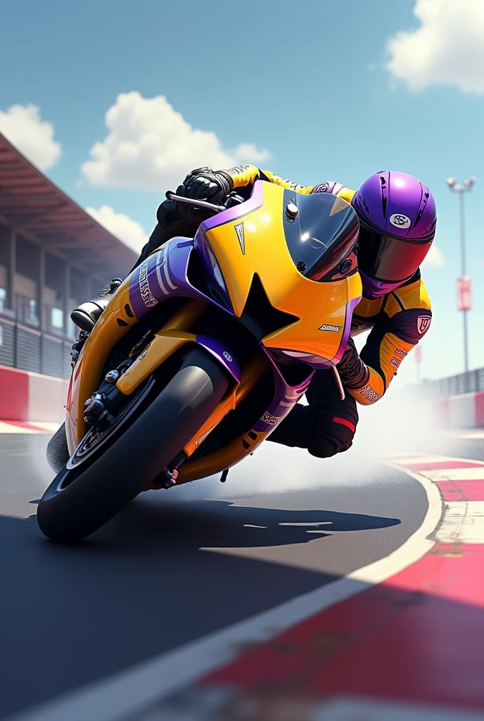 high resolution、high quality、Real、Realistic、Realな質感、Realistic、motorcycle、Yellow and purple motorcycle、drift、Bend the handle、Going around a curve、During the race、multiple、Super detailed、High resolution、