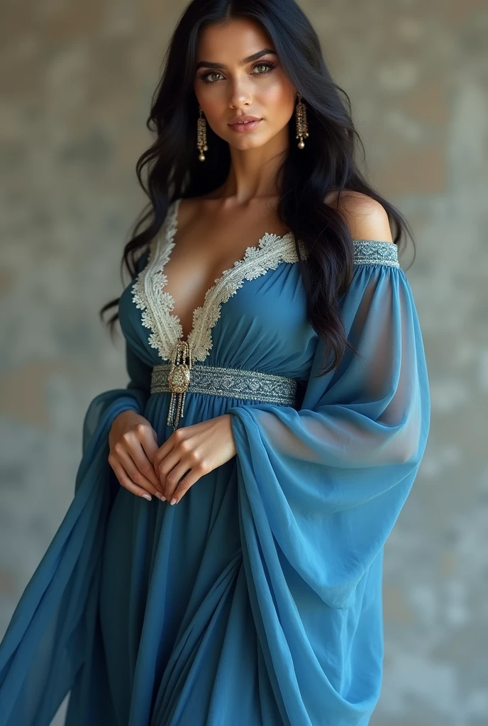 There is a beautiful Arabiyan women standing, she is perfect, she is so much beautiful, She wear a beautiful blue and white dress, 