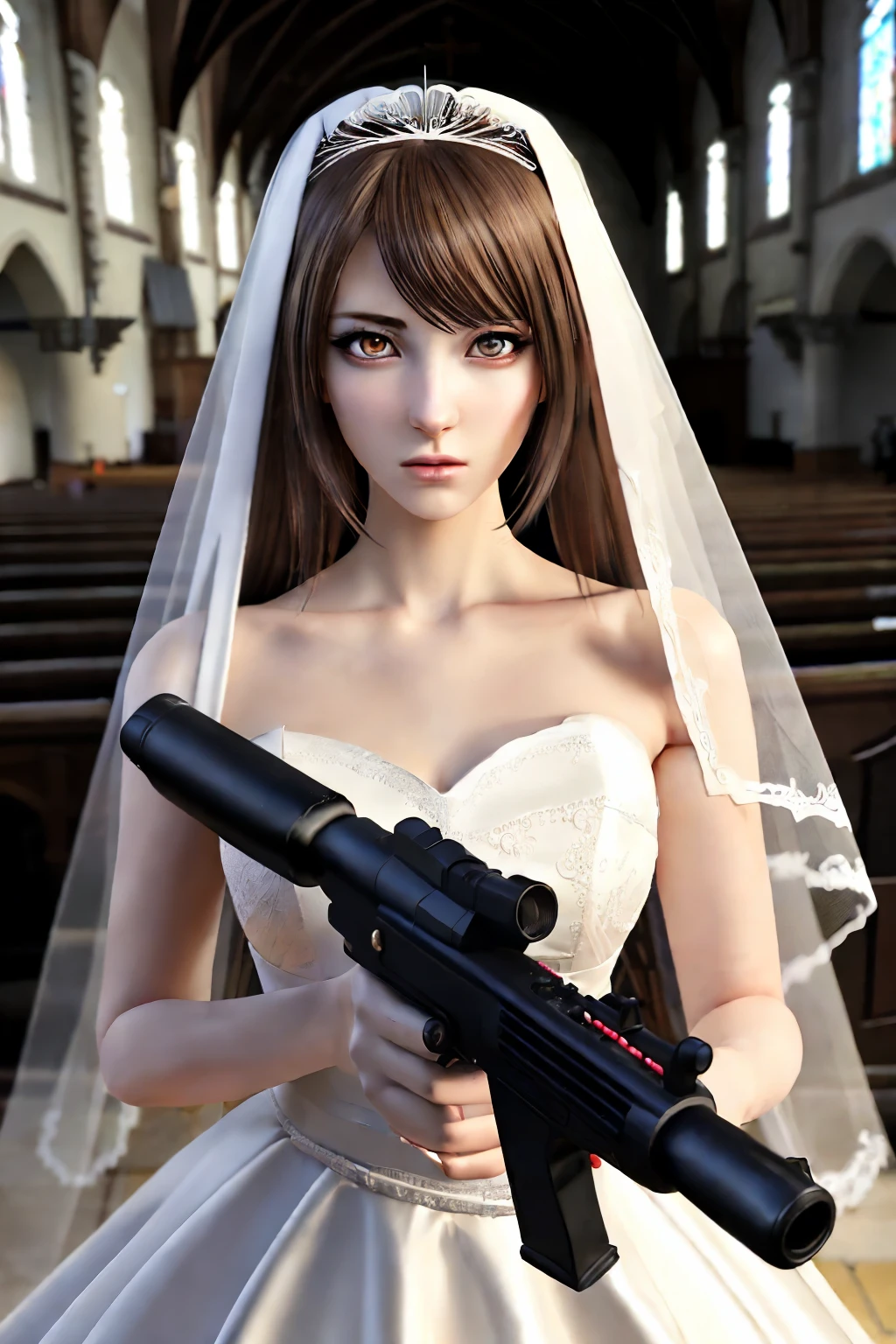2.5D 2.5D Art 2.5Danime Realistic anime style 2.5D realistic anime 3D anime style 2.5D digital anime art A bride in a white wedding dress holds a gun Beautiful woman Idol-like face Arched eyebrows Almond-shaped eyes Inside a church The audience is surprised A bride walking with a gun pointed in front of her Accurate expression Correct reproduction Accurate reproduction Holding a gun in front of her Looks like she's about to shoot There are many spectators The audience is panicking