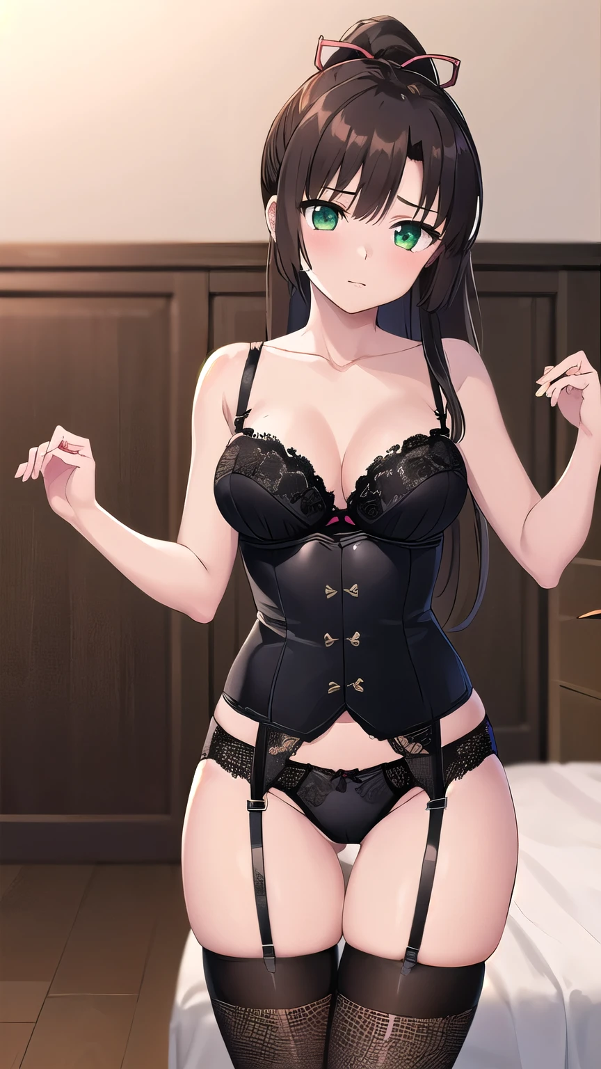 (masterpiece), (Highest quality), (Sayaka Kirasaka),  One girl, Green Eyes, Light in your eyes, Dark brown hair, ponytail, Hair Ribbon, (medium Breasts), (black lace bra), (waist cincher), (black  Stockings), (black Lace Panties), garter belt, Looking at the audience, cowboy shot, standing, indoor, bed room