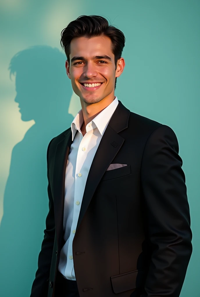 A young Man With Dark hair and a confident smile He is Dressed in a black blazer over a white shirt The man is positioned against aqua colour backdrop with a subtle red l