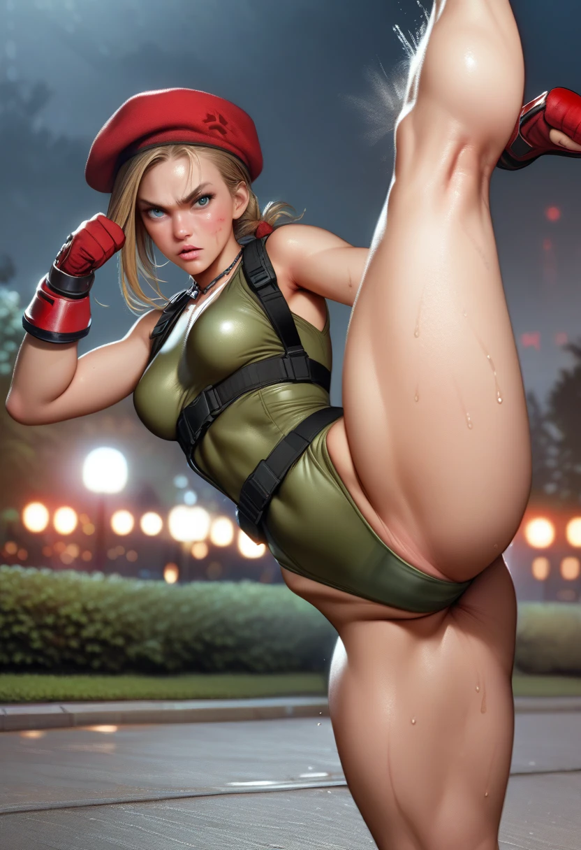 Cammy,blue eyes, blonde hair, braid, red fingerless gloves, leotard, lips, muscular, beret, highleg, scar, red headwear, scar on face, highleg leotard, camouflage, harness, thong leotard, green leotard, chest harness,metal collar with leash,perfect hands, perfect finger,perfect anatomy, masterpiece, best quality,realistic, hyperrealistic, 16k hdr,1girl, medium breasts,erected nipples, outdoor,night,park,,(all fours),sweat,(red blush,angry:1.2)