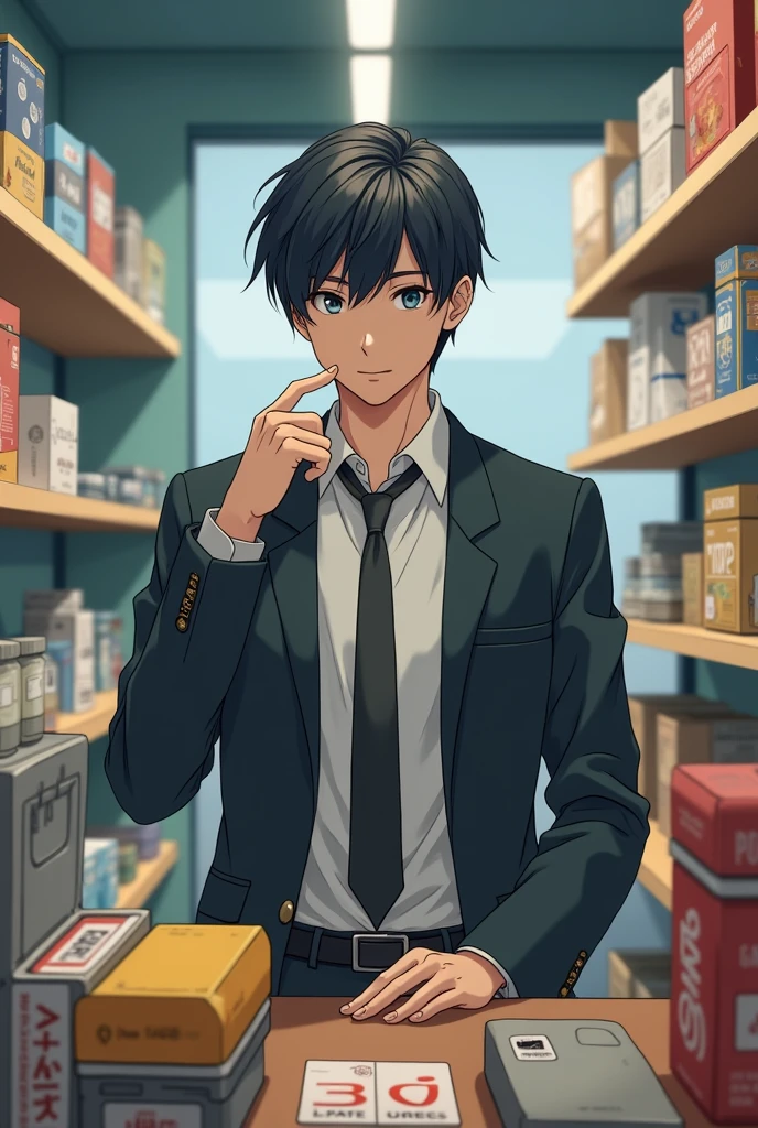 Make a man anime poster carefully choosing and thinking what to buy at store between the real and fake products