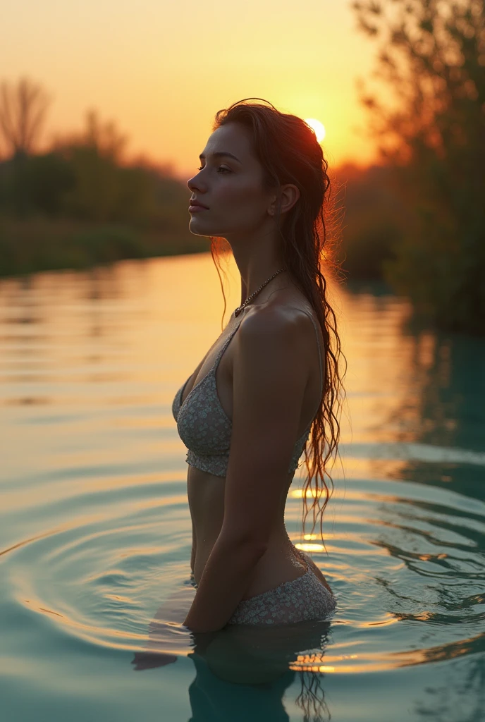 8k Beautiful 1 woman, naked, beautiful, small breasts, small nipples, realistic small nipples, in a pool, wet with water on her body, beautiful colors, natural light, sunset behind - imagination