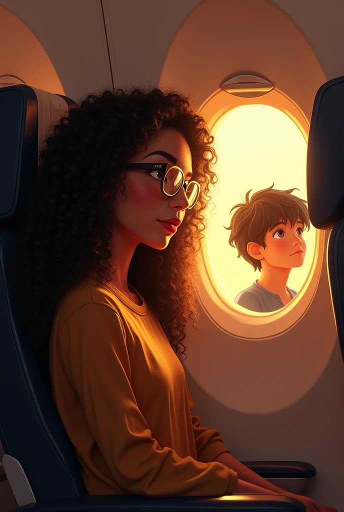 Brown skin girl, with glasses and long curly hair sitting in the first row D1 of flight and the opposite window was open with golden light flashing to her face A boy is viewing from her behind