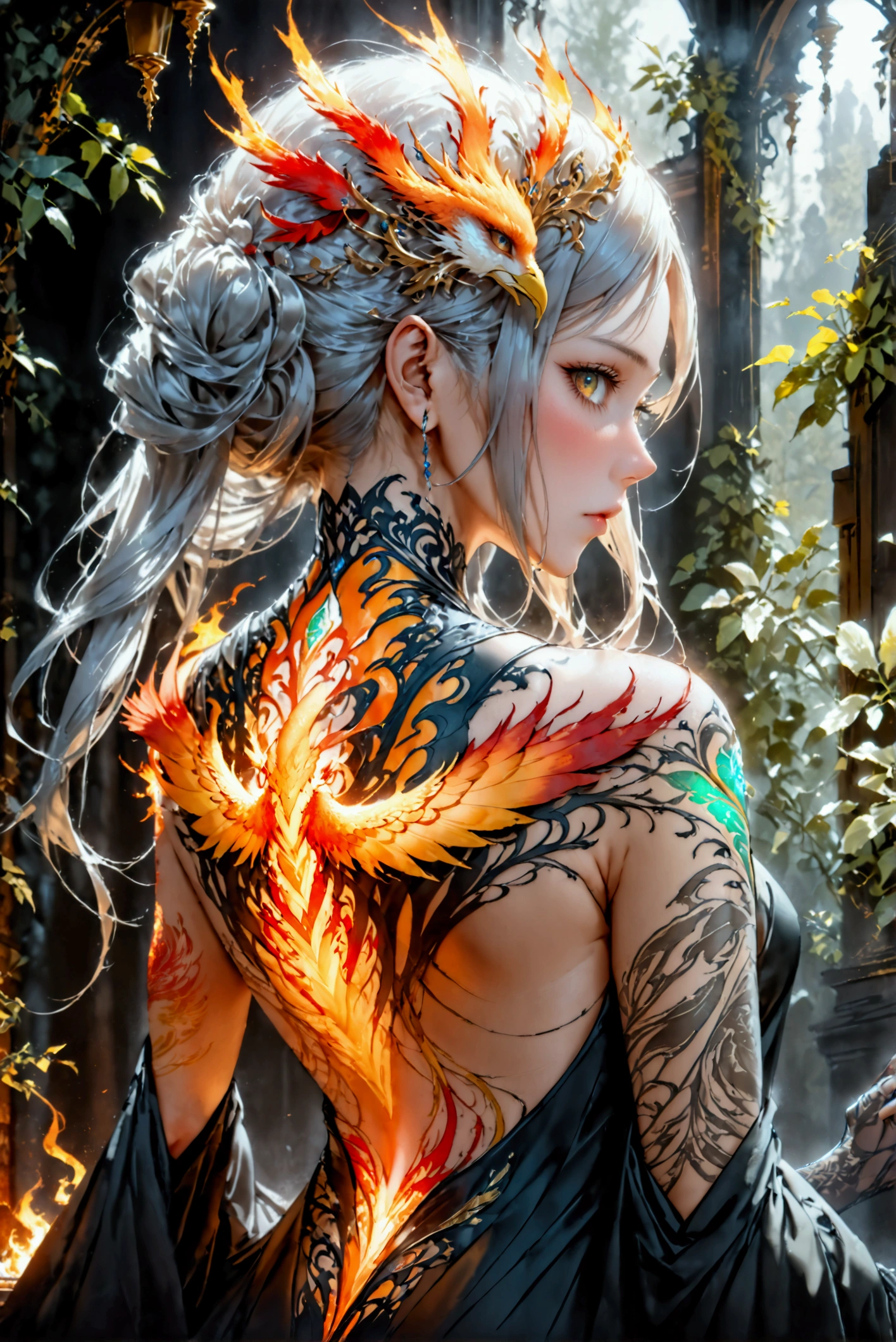 watercolor art, fantasy art, goth art, a picture of a tattoo on the back of a female elf, a glowing tattoo of a ((phoenix: 1.3)) on the elf's back, the ((phoenix tattoo)) is vivid, intricate detailed coming to life from the ink to real life, ((fire surrounds the phoenix: 1.5)), shoot taken from the back, ((the back is visible: 1.3), a most beautiful elf, exquisite beauty, small pointed ears, long hair,  she wears a transparent black dress, the dress is elegant, flowing, elven style, that the tattoos glow, dynamic hair color, dynamic hair style, cinematic light, High Detail, Ultra High Quality, High Resolution, 16K Resolution, Ultra HD Pictures, 3D rendering Ultra Realistic, Clear Details, Realistic Detail, Ultra High Definition,Comistyle, faize, art by mooncryptowow