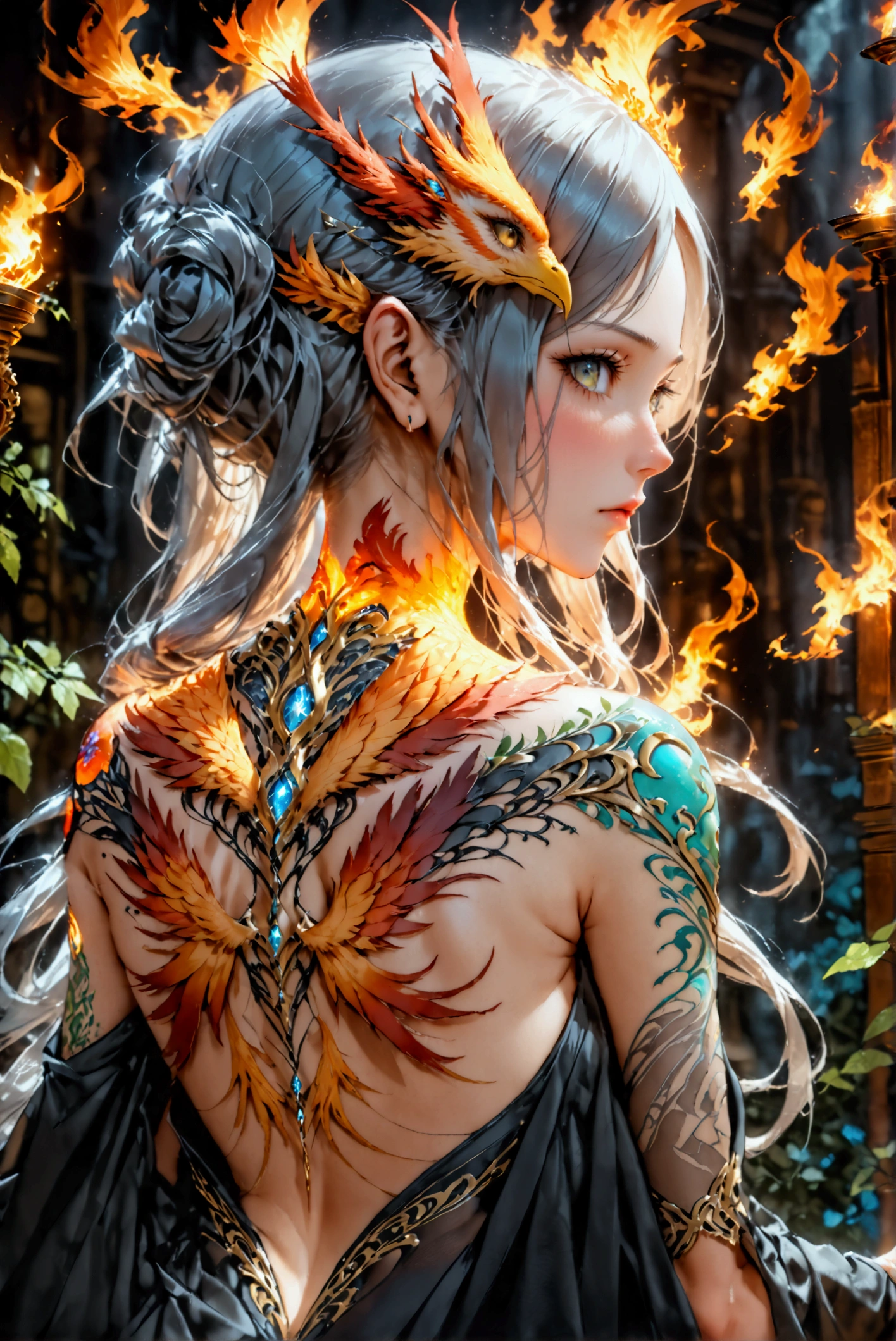 watercolor art, fantasy art, goth art, a picture of a tattoo on the back of a female elf, a glowing tattoo of a ((phoenix: 1.3)) on the elf's back, the ((phoenix tattoo)) is vivid, intricate detailed coming to life from the ink to real life, ((fire surrounds the phoenix: 1.5)), shoot taken from the back, ((the back is visible: 1.3), a most beautiful elf, exquisite beauty, small pointed ears, long hair, she wears a transparent black dress, the dress is elegant, flowing, elven style, that the tattoos glow, dynamic hair color, dynamic hair style, cinematic light, High Detail, Ultra High Quality, High Resolution, 16K Resolution, Ultra HD Pictures, 3D rendering Ultra Realistic, Clear Details, Realistic Detail, Ultra High Definition,Comistyle, faize, art by mooncryptowow