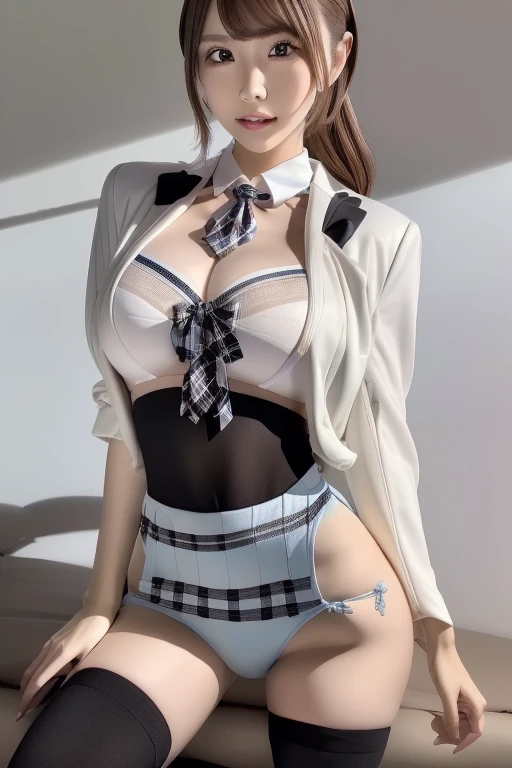 (8k), (Highest quality: 1.2), (Realistic), (Realistic: 1.37), Ultra-high resolution, 1 person, cute, Smiling face, Beautiful details, Beautiful Nose,Beautiful Hair,Twin ponytail,Thighs,University Uniforms,A simple blue satin blazer,Satin White Blouse,Pleated skirt,Cherry tree in full bloom,(The skirt and tie are light blue tartan check pattern....:1.3),(The check pattern on the skirt is a little small..:1.2),(Opaque black thigh-high socks:1.4) ,Thighsにクローズアップ, Rainbow in the sky、You can see the Tokyo Sky Tree