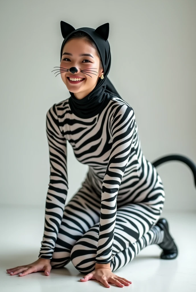 A most beautiful,most clever and most thinnest Malaysian Asian muslimah girl with shiny face and a pair of beautiful cheeks wears cat Lycra turtleneck unitard catsuit covered with a few spots with a tail.She always wear Lycra dancewear hijab.She is crawling!!