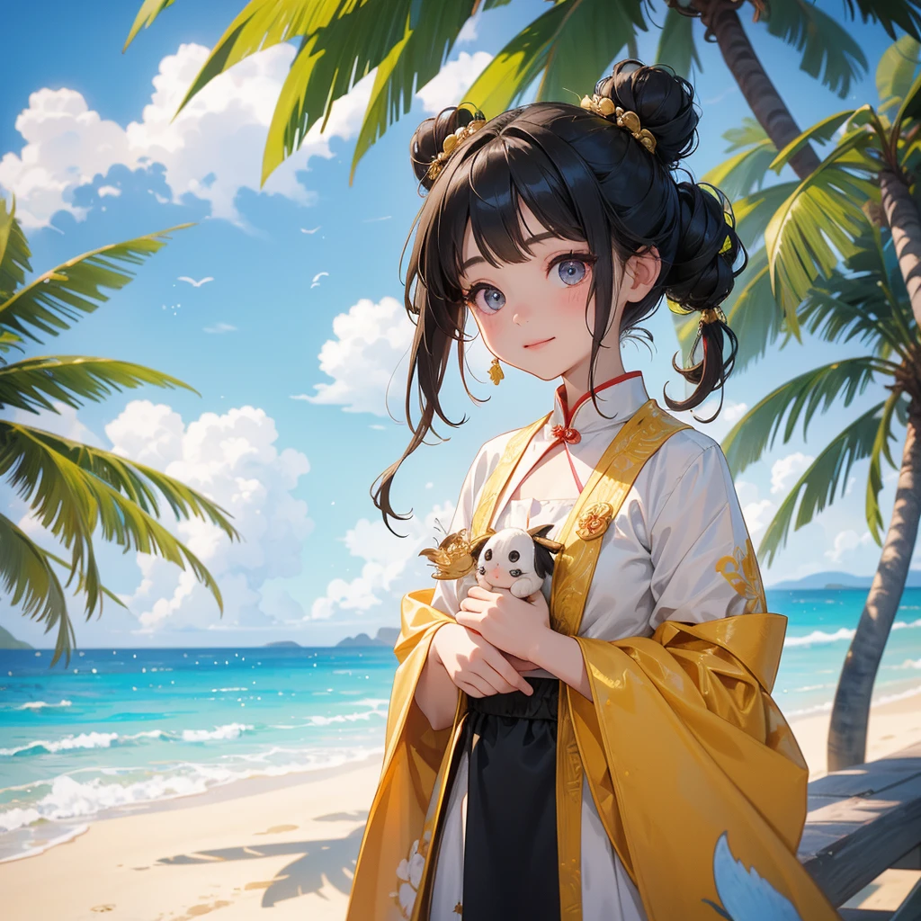 A chibi child girl had a small face and Wearing a white little Taoist priest's outfit. A pair of big round eyes shone with curiosity about him. This child was so cute!, Burning joss paper and gold paper for the departed spirits, her hair is black with two buns on her hair.smiling.The little chibi baby looked up with his chest raised, and his face was old and proud.

Grilling fish under a coconut tree, on the beach, blue sea, seeing the sea and green mountains, low clouds