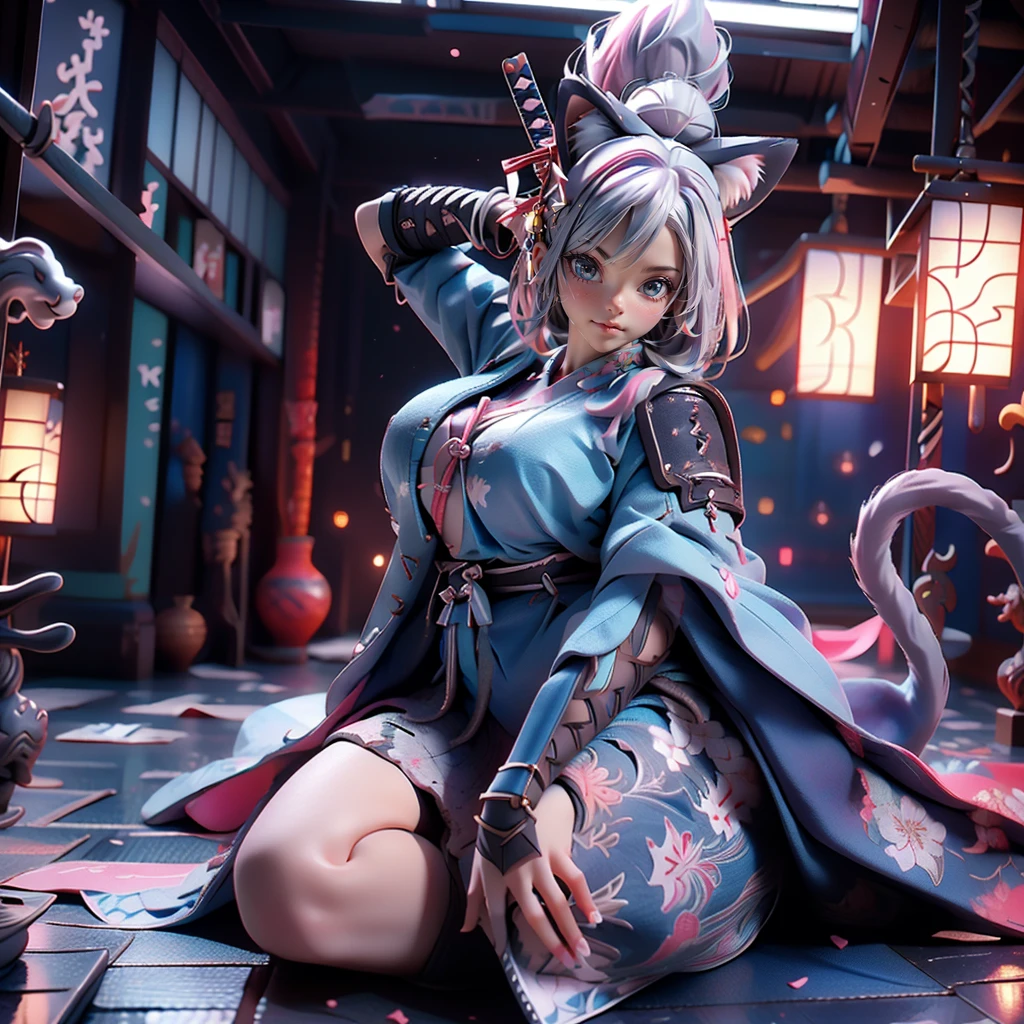 Moisturized Skin, (blue eyes), Realistic body, (Adult female body), Energetic, 3DCG, front, Pink lipstick, (Silver Hair), ((Cat ear)), Beautiful Hair, Long Hair, ponytail, (((Samurai Armor: 1.3))), ((masterpiece + Highest quality + High resolution + Very detailedな)), (whole body: 1.2), Raise your right knee, A fine Japanese sword on his waist, Perfect fingers, Perfect limbs, Depiction from above, Anatomically correct, Textured skin, Very detailed, 
