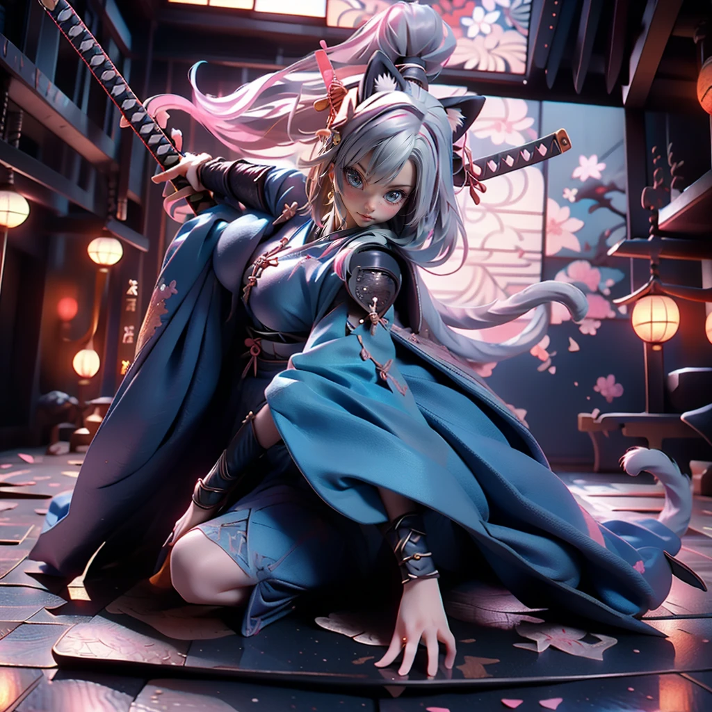 Moisturized Skin, (blue eyes), Realistic body, (Adult female body), Energetic, 3DCG, front, Pink lipstick, (Silver Hair), ((Cat ear)), Beautiful Hair, Long Hair, ponytail, (((Samurai Armor: 1.3))), ((masterpiece + Highest quality + High resolution + Very detailed)), (whole body: 1.2), Get down on your right knee, Raise your left knee, Place your left hand on the ground, Holding a Japanese sword, Perfect fingers, Depiction from above