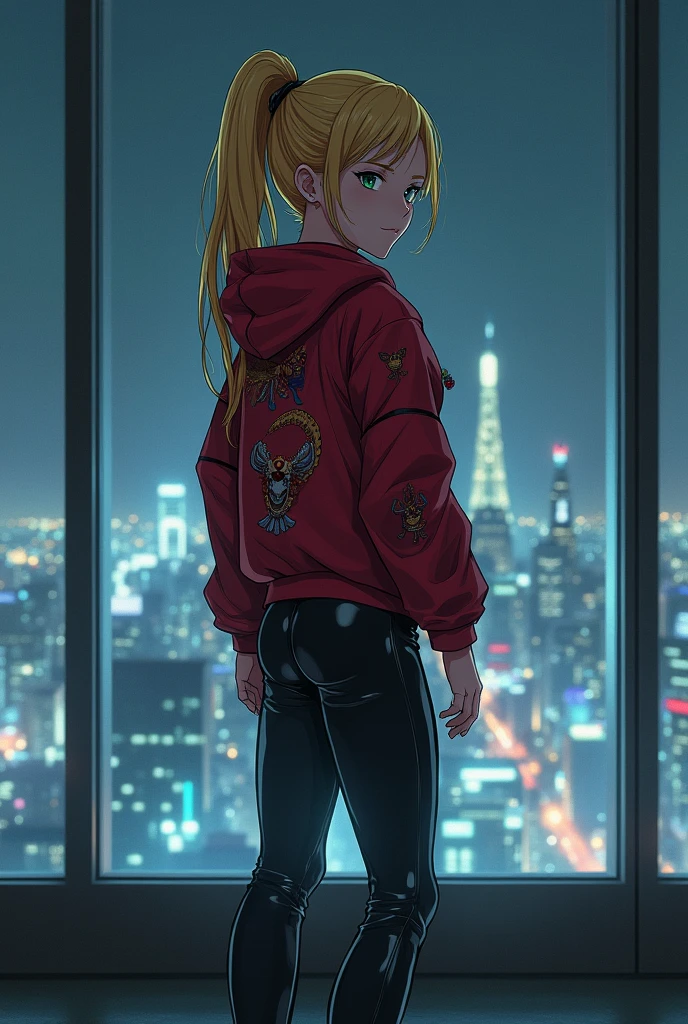 The image is anime style with shadows and dim lights, anime style although somewhat adult and dark, It shows a female android wearing a red jacket with prints and black latex pants and a suit., who appears to be 2, She has blonde hair tied back in a ponytail, with green eyes. with a face that shows determination, Has strong and robust thighs, Her beautiful feet are also covered in the suit. He stands in front of a glass wall looking out at the futuristic night city