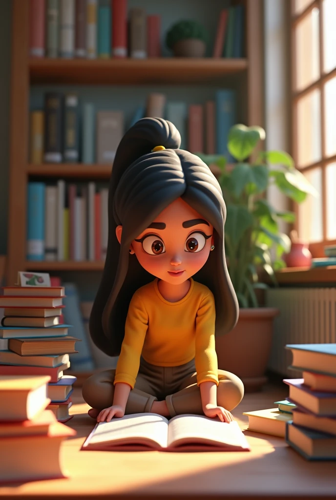 In 3d animation style "Sumana sitting at a small table or on the floor, surrounded by textbooks and notebooks, studying diligently."