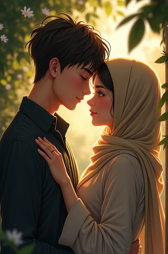 A young man with hair up to his neck with a tattoo and in white and blue school uniforms a girl in a hijab with a white shirt and a long skirt dark blue looking at each other at sunset