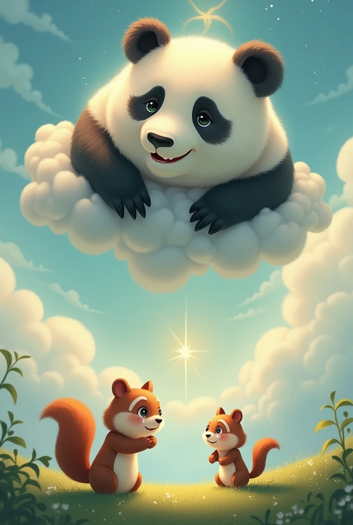 A scene where the panda is smiling down at his squirrel from the sky means that the panda is now in heaven because the panda is dead. And the squirrel stood on the ground looking up at the sky and crying at the smiling face of the panda. Make squirrel cry and visible the tears 😭