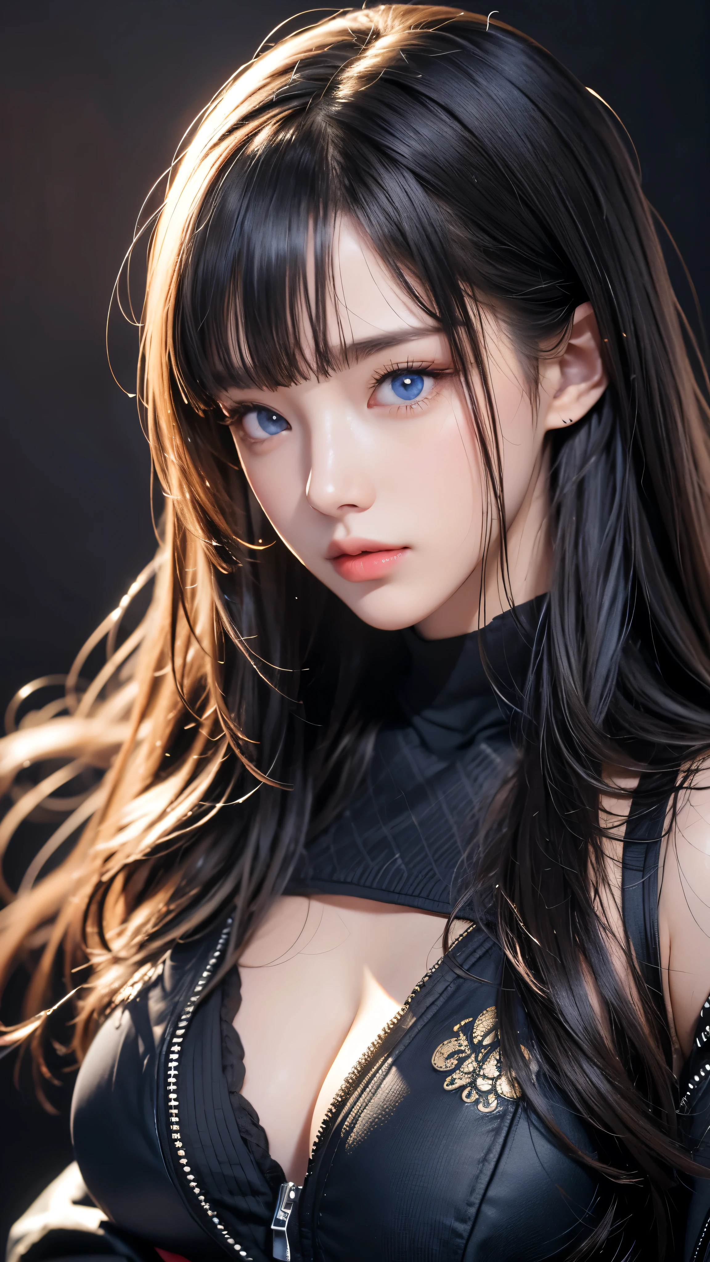 masterpiece, Highest quality, Very detailed, Facing the camera, Super detailed, Realistic, Sharp features, Very detailed, Sharp focus, Perfect Face, Perfect Face, Perfect symmetrical perfect eyes, Perfect Plump Lips, Flexible female form, cinematic, Film Light, Super detailed, hyper Realistic, masterpiece, Atmospheric, High resolution, Vibrant, Dynamic Studio Lighting, ((Dark Background)), The expression when receiving pleasure, Straight bangs, Blue eyes,Black sweater, Cowboy Shot, Big Breasts,zipper