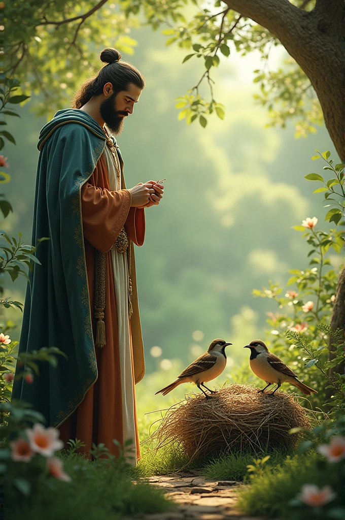 A closer view of the garden, focusing on the two sparrows gathering twigs and grass. The king is watching them with a gentle smile.