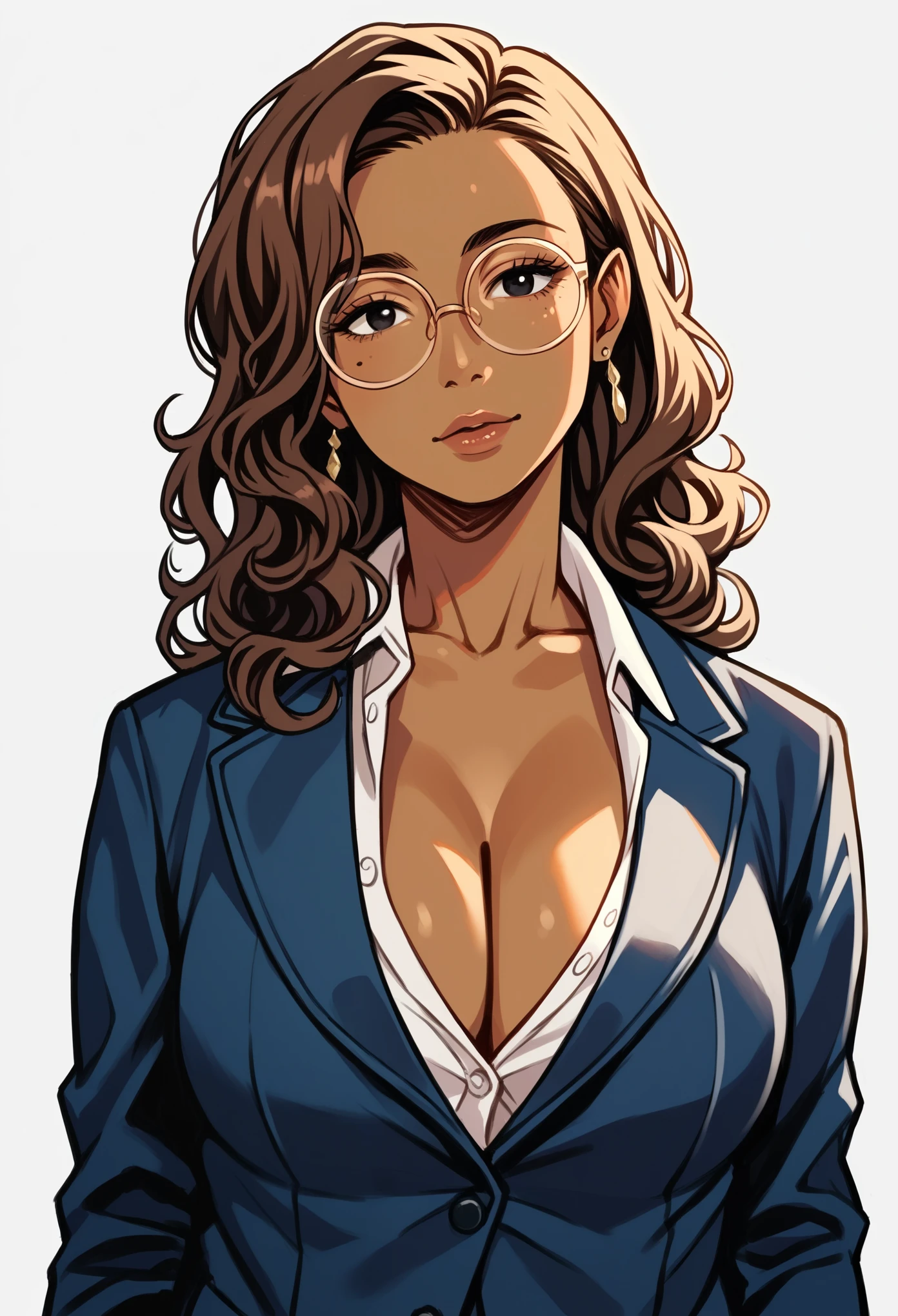 score_9, score_8_up, score_7_up, score_6_up, score_5_up, score_4_up, source_cartoon, rating_safe, by sh1r3n, 1girl, portrait, torso shot, mature, brown skin, pouty lips, detailed, big breasts, cleavage, teacher's outfit, round glasses, black eyes, curly brown hair