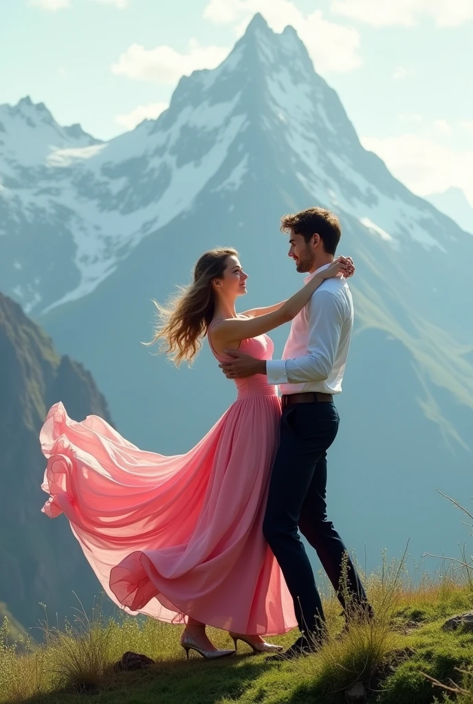 A girl in pink gown and a man in white shirt and black pant dancing from a mountain