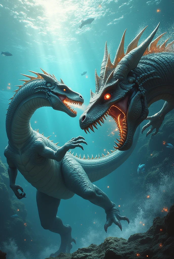 A cyborg dragon figh with a cyborg dinosaur in water 
