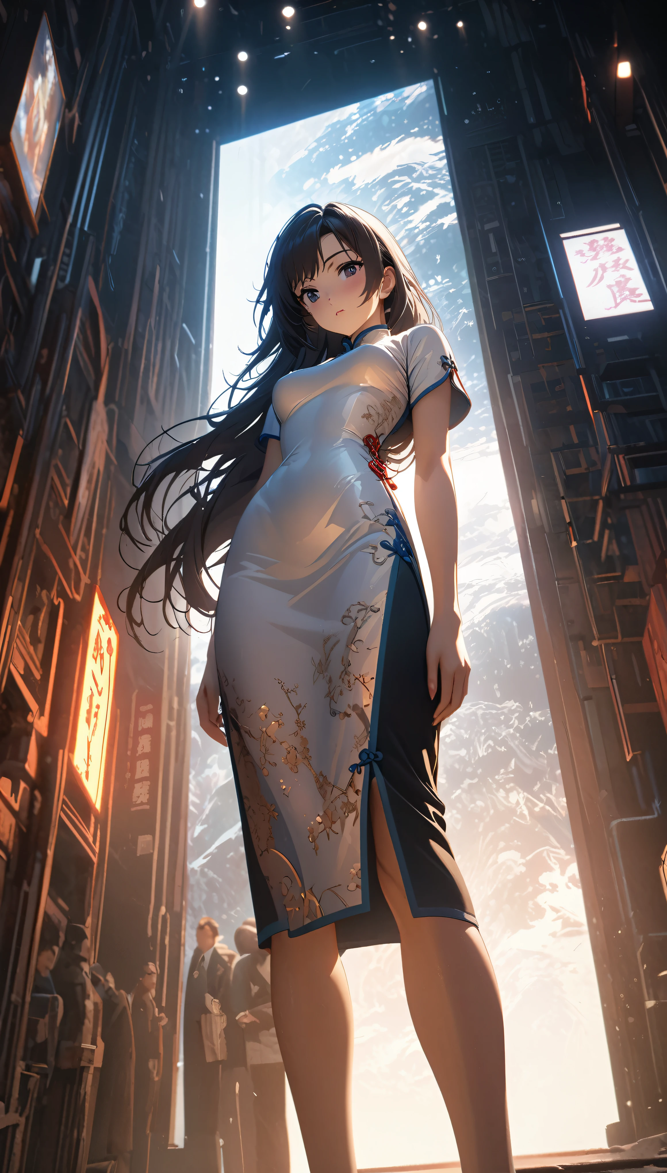 Cheongsam Girl，Long Hair，Pure white background，Depth of written boundary，Low angle view，Calf Level View，Overclocked Renderer，Cinema Lighting，Ultra-fine，Very detailed，complicated，Cinematic Perspective，CG Art，
