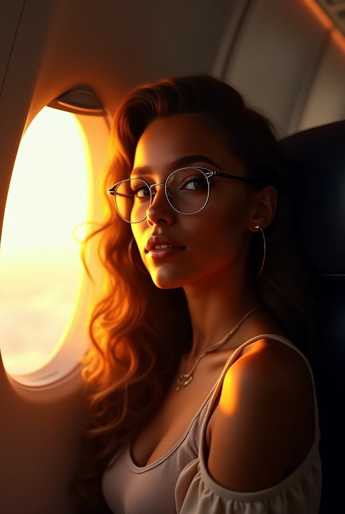 Brown skin girl, with glasses and long curly hair sitting in the first row D1 of flight and the opposite window was open with golden light flashing to her face