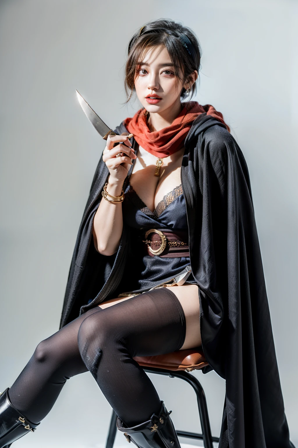 (RAW shooting:1.2, Photoreal:1.5, 8k:1.2, highest quality:1.2, masterpiece:1.2, ultra high resolution:1.2), (perfect dynamic composition:1.2, Highly detailed skin and facial textures:1.2,beautiful and aesthetic:1.2, full body:1.2, Fair skin:1.2), (large breast:1.4, Chest gap:1.4), (perfect limbs:1.2), (perfect fingers:1.2),(1girl:1.2,tall:1.2,sexy:1.2,asian:1.2,glamour:1.2,makeup:1.2),(sitting:1.2,chair:1.2,legs together:1.2),(earrings:1.2),(ragnarok_ninja:1.2),(red ninja scarf:1.2),(black short hair cut:1.2),(hairband:1.2),(double eyelid:1.2),(sash:1.2),(knife:1.5),(Cloak:1.5),(simple background:1.2),(thigh tights:1.2),(ninja boots:1.2),