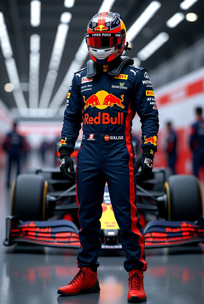 Full body image of F1 driver with helmet and uniform of the Redbull Racing Team, with his RB20 in the background