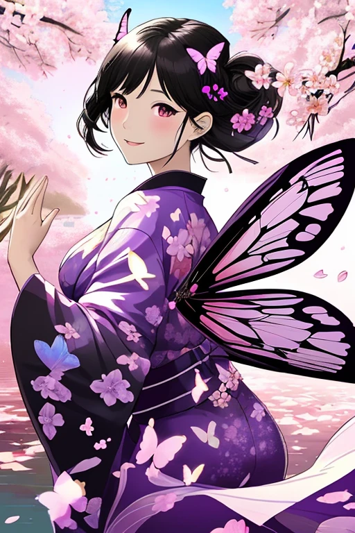 Butterfly patterned kimono, woman, sunlight, cherry blossom petals dancing, black hair, flower patterned fan, graceful dancing, lustrous, purple kimono, clear sky, graceful movements, gazing at you, smile, moist eyes