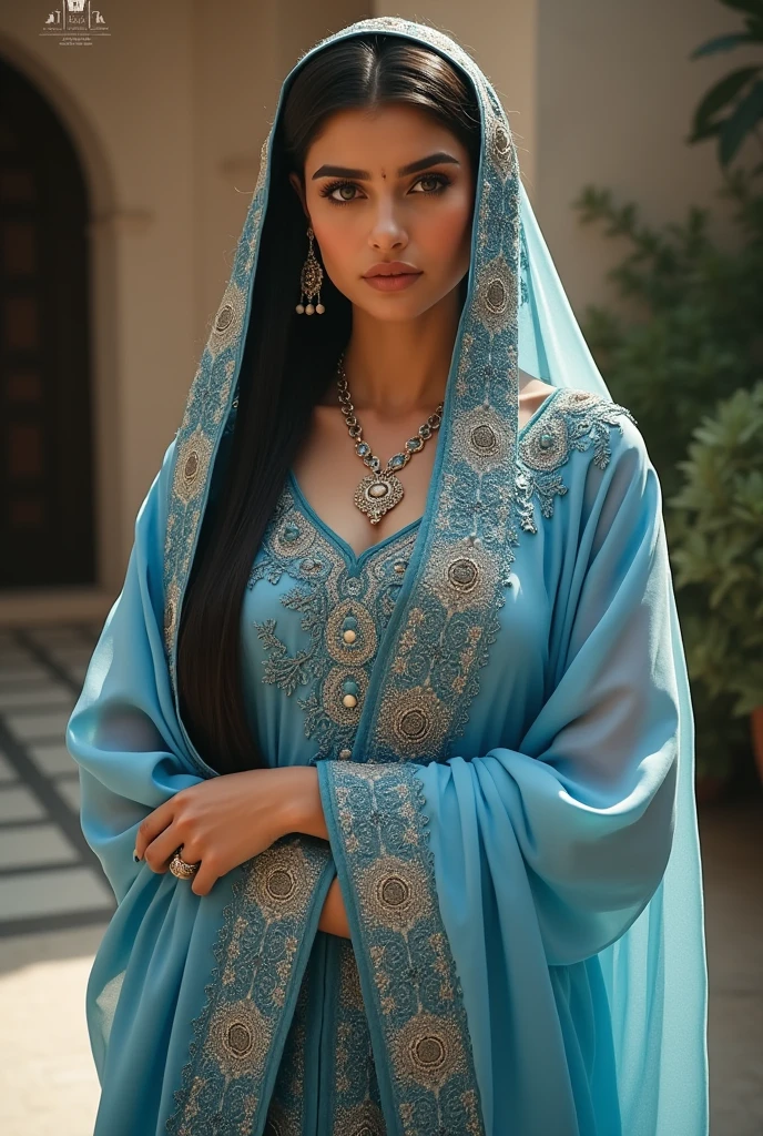 There is a beautiful afganistan women standing, she is perfect, she is so much beautiful, She wear a beautiful blue and white dress, 