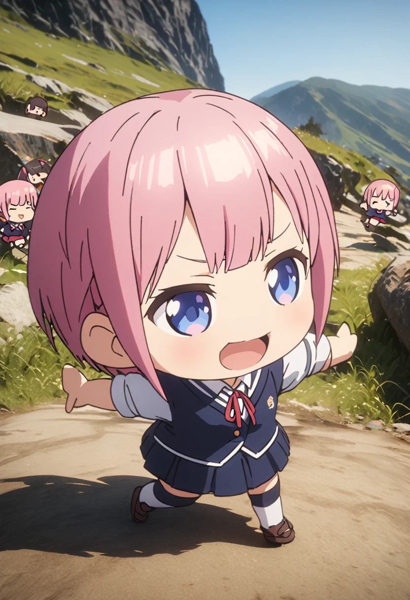 (Highest quality, 4K, 8k, High resolution, masterpiece:1.2), Very detailed, Picturesque, Animated Photography, Photo Animation:1.37)、Japanese schoolgirl、(Pink Hair)、(pixie cut)、(chibi:1.4),black under were、big laugh、Full body photography、Nakano ichika