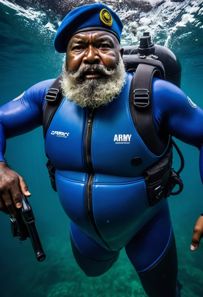 (a dark-skinned bearded fat old man in a skintight zipper diver suit) holding his large erect penis and (wearing army beret on his head), muscular, Basuki Abdullah, sumatraism, action, a character portrait, heroic, fierce, snarling