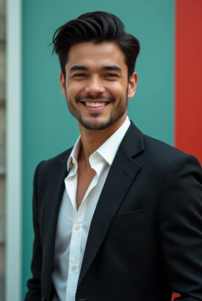 A young Man With Dark hair and a confident smile He is Dressed in a black blazer over a white shirt The man is positioned against aqua colour backdrop with a subtle red l