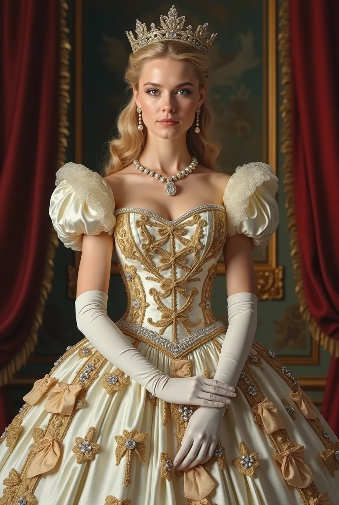 The Art of John Tenniel, Official and official coronation ceremony photos, Portrait of Reese Witherspoon, a beautiful blonde girl as the Queen in her extravagant and elaborate Cinderella gown. (((Puffy arms))), Hourglass waist, And k (((Large pleated skirt))) Decorated with bows, embroidery, and gems, White long gloves, Pearl necklace and earrings