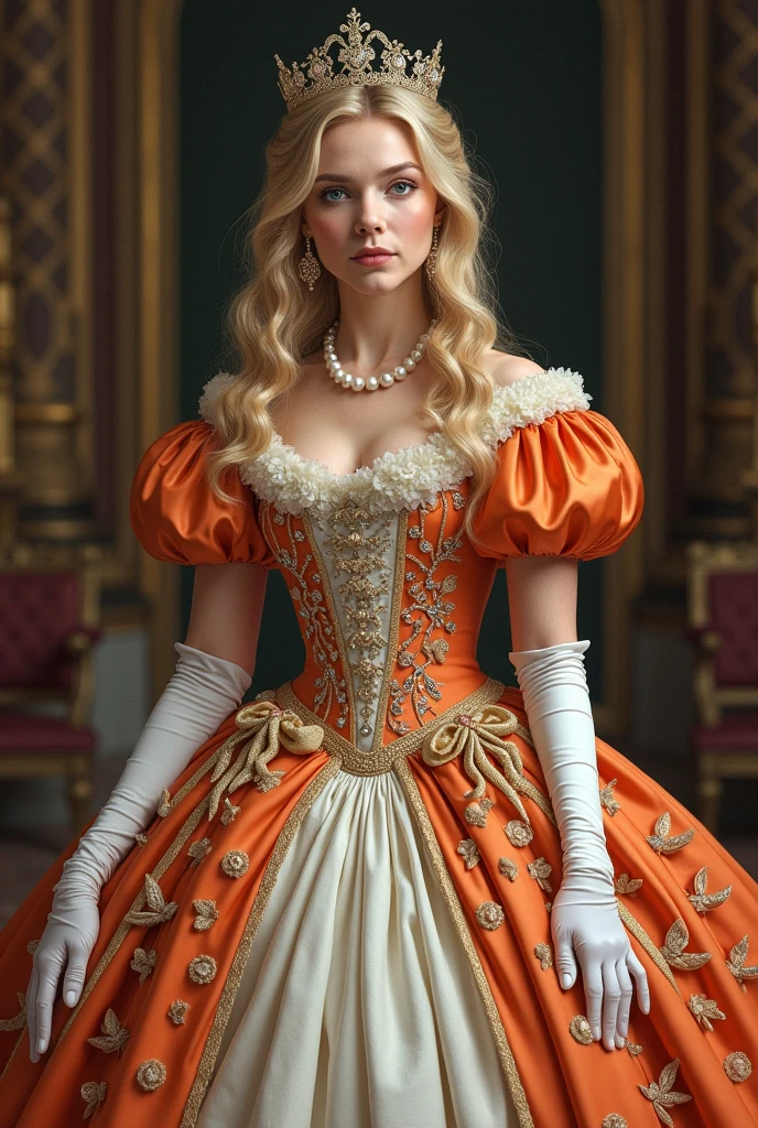 The Art of John Tenniel, Official and official coronation ceremony photos, Portrait of Reese Witherspoon, a beautiful blonde girl as the Queen in her extravagant and elaborate Cinderella gown. (((Puffy arms))), Hourglass waist, And k (((Large pleated skirt))) Decorated with bows, embroidery, and gems, White long gloves, Pearl necklace and earrings