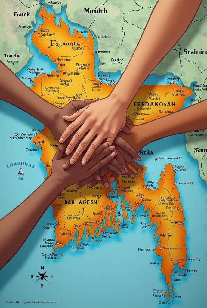 Bangladesh map with four hand chain