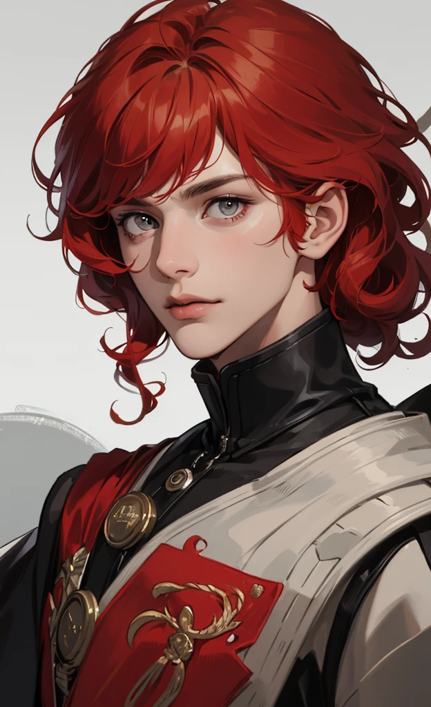 (Absurd, High, extremely detailed),((Masterpiece)), ((Best quality:1.1)), man. A high resolution, 8K,1 boy, (Red hair, Slightly curly hair, hair super short, layeRed hair :1.1 ), shadowed face, (People&#39;black coat with red fabric, black top, black men&#39;sports trousers: 1.1), , (view from above: 1.1) , (Red eyes), (katana in hand), night city, standing still
