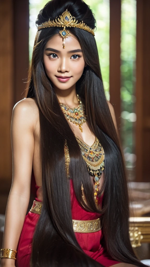 create a hyper realistic photo,  8k,highest quality, masterpiece, Ultra-high resolution,(masterpiece:1.6, highest quality), Intricate details,    a beautiful indonesian woman as a hero in dynasty kingdom of majapahit, wearing small gold neklace like a queen, wearing red kemben ,long black hair with bun, very longhair girl, front body covered by longhair, floor length hair, very thick hair,eyes to camera, Javanese kingdom background,smile,