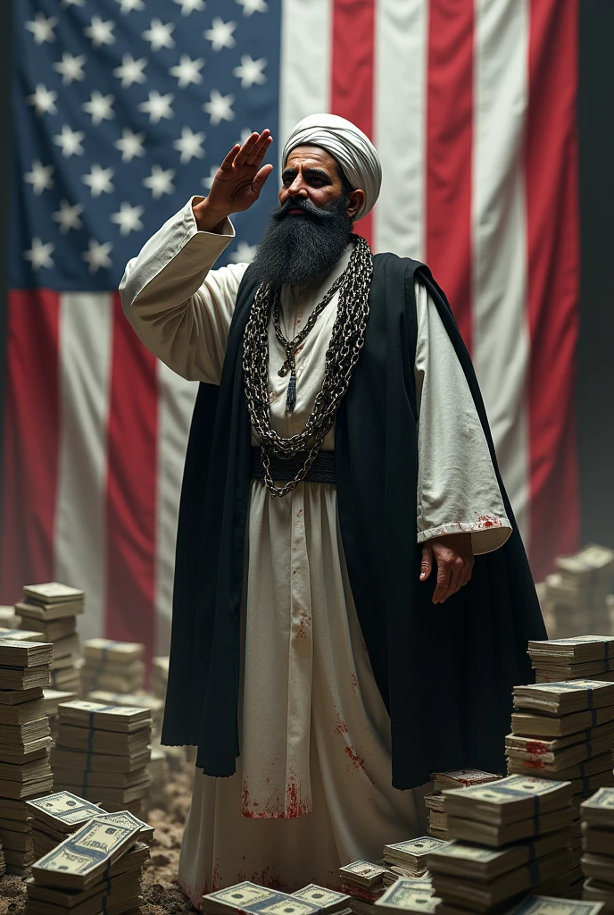 Taliban leader, big bearded, white Afghan dress, black waistcoat, big white afghan turban; kissing and worshiping to USA flag; alot of dollars shower;; behind big map of Afghanistan is in flames