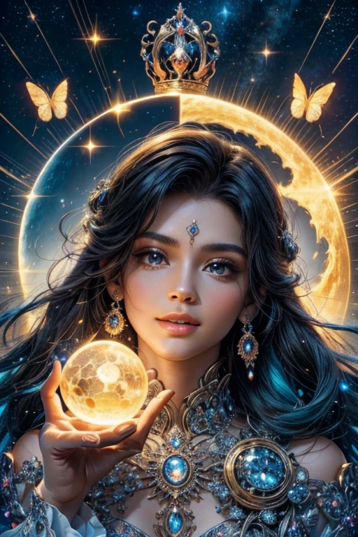 A light battle ship surround by the magician circle with inside the orb has a diamond, many shining butterfly, beautiful smile, sparkle sky, shining, gust of wind, light bright flowers, sun and moon, dark light of fantastic and cosmological with universal. Amazing view very bright and warm starry. Detail, HD, Enchanted. Dynamic, Gorgeous, Multiple colours. Beautiful perfect face and anatomy. Amazing bright clothes. Very epic and bright, best pose. A god. Golden shining accessories. Handsome. Sky half bright, half starry dark. Diamond on the crown, split up sky into day and night. A man