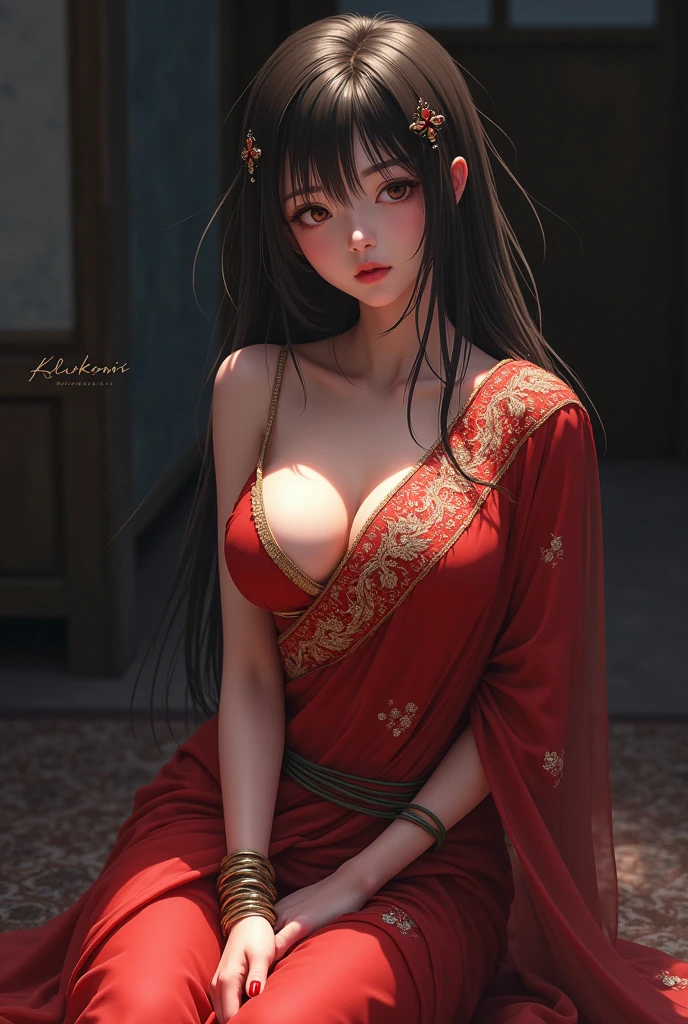 an anime girl in a sexy saree tied up 

