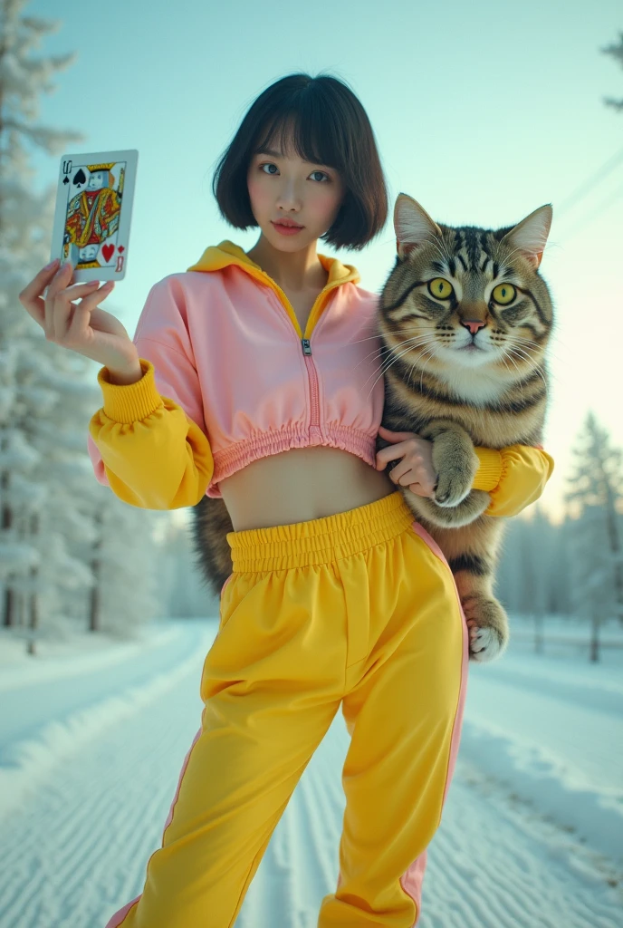 Full-body photo of a korean young woman holding out his hand fucking to present a hand with short black hair, blue eyes, riding a big giant a cat on the floor in a cool pose. Strong wide angle photography effect. She is dressed in an electric-yellow and pink tracksuit and wears high-top white sneakers. She is isolated against a light forest background and gestures a card to the camera in front of her. professional photography, sharp focus, intricate details, wide angle, fisheye --ar 39:64 --v 6.1