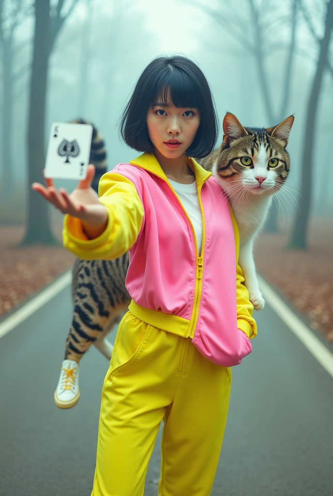 Full-body photo of a korean young woman holding out his hand fucking to present a hand with short black hair, blue eyes, riding a big giant a cat on the floor in a cool pose. Strong wide angle photography effect. She is dressed in an electric-yellow and pink tracksuit and wears high-top white sneakers. She is isolated against a light forest background and gestures a card to the camera in front of her. professional photography, sharp focus, intricate details, wide angle, fisheye --ar 39:64 --v 6.1