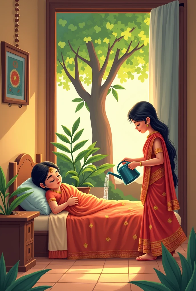 Gav ke mohalle ka 1 ghar jisme chok m saas bed pr so rhi h or nayi dulhan subh jldi uth kr tulsi k tree m pani de rhi h ghr m ek tree h cartoon ai image