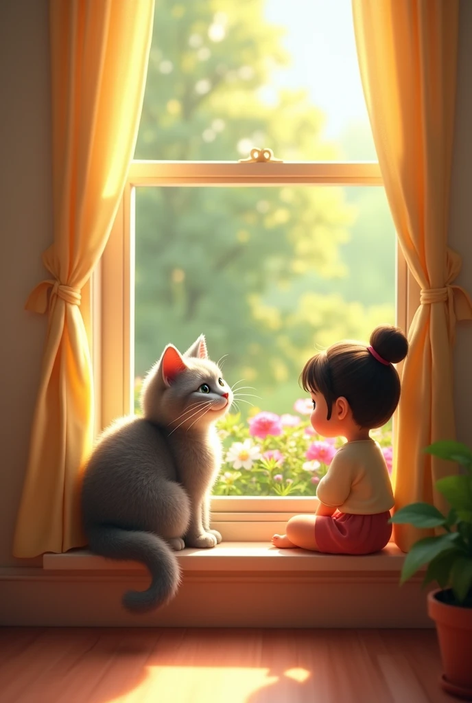 With a 3d Pixar Animation, A peaceful scene of a gray tabby cat sitting by a sunny window with the little cute girl and the , looking out at a blooming garden. The cat's expression is content and relaxed, with the warm light of a happy home surrounding her.