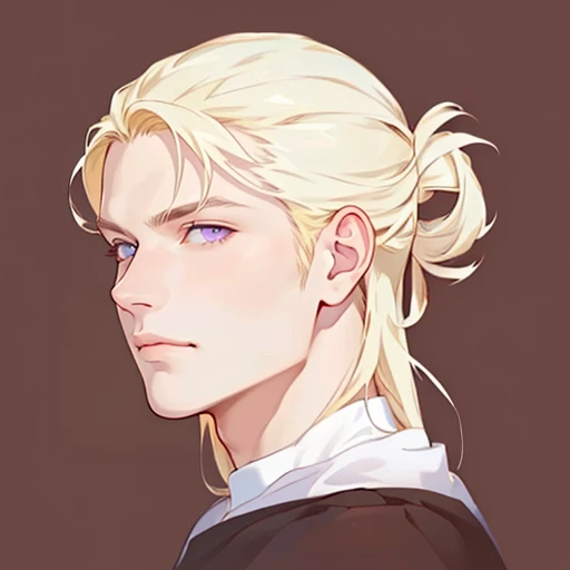 ((masterpiece)), (((best quality))), prince, portrait, 1 male, pale white skin, blonde hair, long hair, straight hair, bun, handsome man, masculine features, pale purple eyes, detailed face, highest quality, highly detailed, original, high resolution CG Unit 8k wallpaper, (best quality, artwork, masterpiece, 4k)