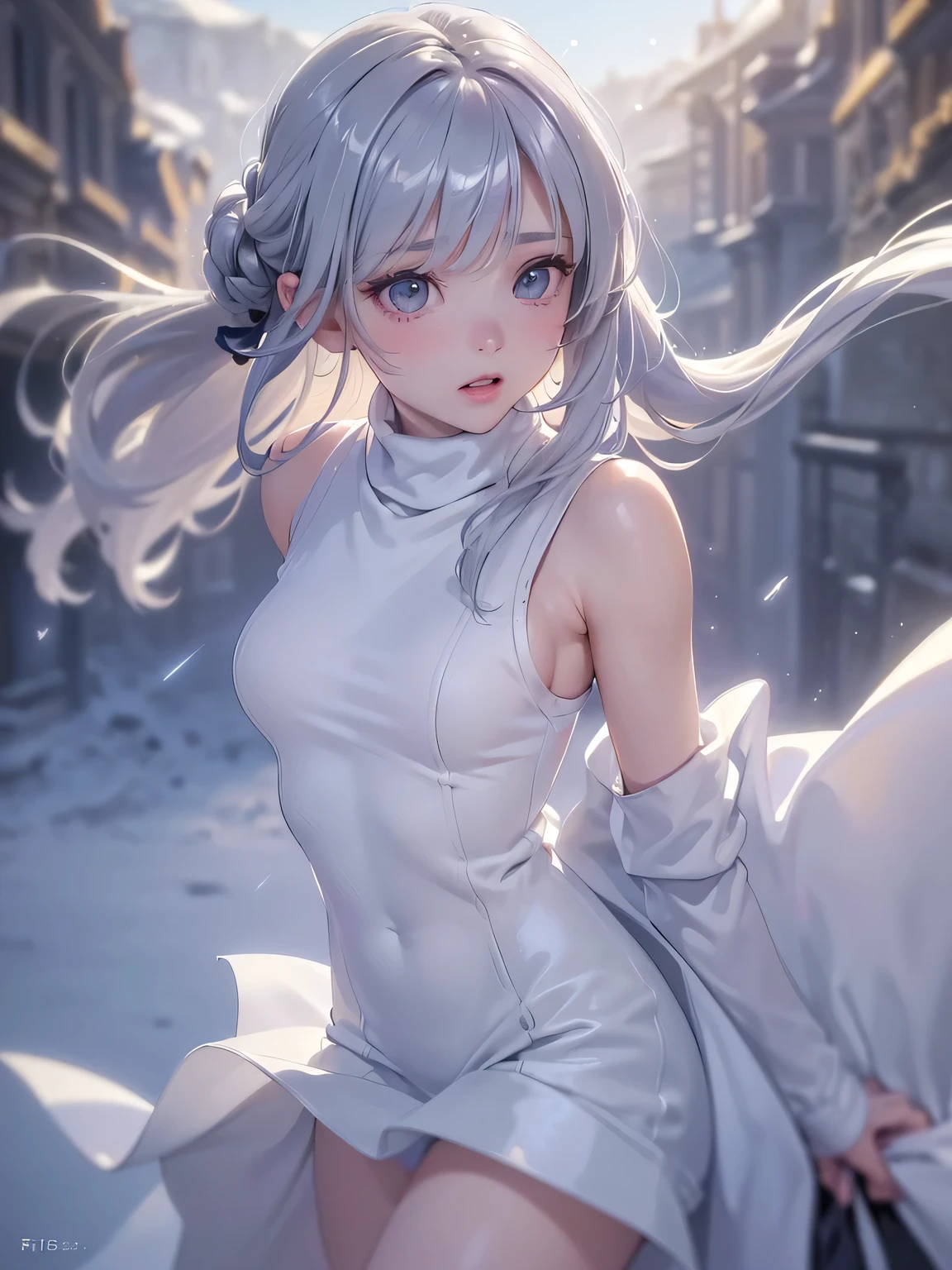 ((masterpiece:1.5、8k、Portraiture、Photorealistic and very detailed CG、Very detailed、Particle Effects、Dynamic Effects、Written boundary depth、Cinematic Light、Lens flare、Ray Tracing、Tabletop、Realistic:1.4、Ultra-high resolution:1.2、Realistic、Realistic))((alone、Turtleneck sweater,Sleeveless,Detailed face、brightexpression、young, bright, Whiter skin、medium breasts、sideboob, Best Looks、Ultimate beauty、Shiny silver hair with highlights、bright and shiny hair,、Modern Hairstyles、Hair dancing in the wind))(morning、The setting is a snowy hill overlooking the ruins.)